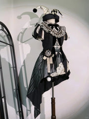 Clearance - Size M for Bust 94cm Black and White Circus Vibes Sweet Lolita Full Set- Puff Sleeves Clown Top + Hi-lo Skirt + Accessories