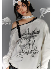 Y2K Apricot Asymmetrical Neckline Buckle Strap Glamorous Graphic Top