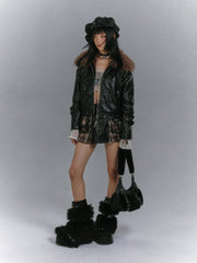 Glossy Black Metal Eyelet Hem Punk Padded Jacket with Detachable Faux Fur Collar & Wing Embroidery
