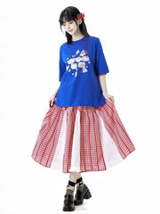 Red/Black Plaid Elastic Waist Skirt