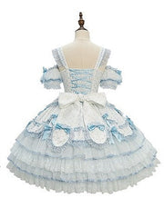 Blue Strawberry Princess Layered Ruffle Dress Sweet Lolita Jumper Skirt with Polka-dot Pattern and Detachable Puff Sleeves