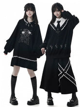Dark Sweet-Grunge Doll Aesthetic Black Hoodie Dress with Metal Cross and Lace Decoration