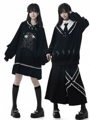 Dark Sweet-Grunge Doll Aesthetic Black Hoodie Dress with Metal Cross and Lace Decoration