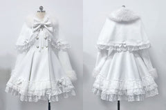 Jirai Kei White Tiered Lace Coat with Detachable Cape and Shaggy Collar