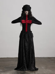 Urban Goth Black & Red Color-Block Design Knit Long-Sleeve Top