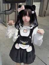 Soft Kawaii Black Plush Bloomer Overall Shorts with Cat & Paw Embroidery & Detachable Cat-Ear Hood