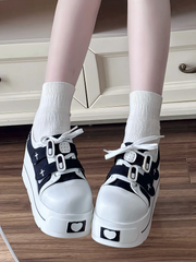 Yami Kawaii Black and White Platform Sneakers Low-top Version with Lace-up & Velcro Strap Closures