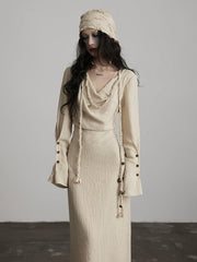 Urban Goth Light Apricot Irregular Cowl Neck Long-Sleeve Loose Dress with Slit Design