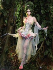 Forest Fairy Goth Pink and Green Boned Corset + Tulle Overlay + Floral Petticoat + Sleeves