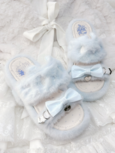 Light Blue Jirai Kei Plush Slippers: Embroidered Cat Design with Platform Sole & Top Bow