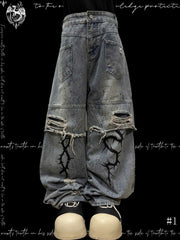 Y2K Wasteland Blue Straight-Leg Jeans with Distressed Holes and Graphic Print