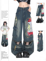 Y2K Deep Blue Convertible Wide-leg Jeans with Distressed Design & Graffiti Apple Print