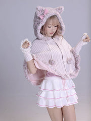 Hime Gyaru Pink Cat Ear Hooded Knit Cape with Leopard Print Faux Fur Trim and Pom-Pom Accents