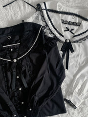 Jirai Kei Sailor Collar Long Sleeves Blouse Black/White Cutout Shoulder with Free Choker