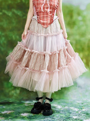 Pink Floral Embroidery Skirt with Lace Flounce Hem