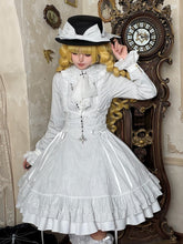 Classic White Pinstripe Gothic Lolita Dress with Petite Ruffle Collar & Lace Trim Details