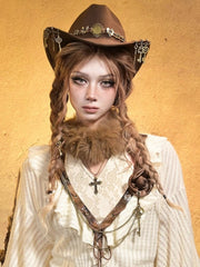 Vintage Punk Brown Rose Brooch with Antique Gold Key & Double Chains