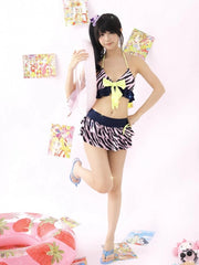 Hime Gyaru Pink & Blue Zebra Print Padded Bikini Swimsuit with Padded Top & Ruffle Skirt