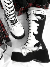 White and Black Punk Goth Platform Boots Spike Studs Chains Knee-high Boots
