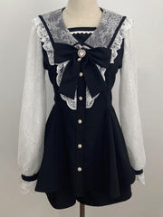 Jirai Kei Black Full Set: Lace Sailor Collar Mini Dress with Mesh Long Sleeves, Shorts & Detachable Bow Tie
