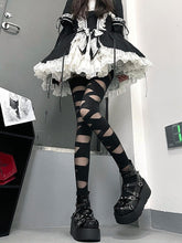 Y2K Style Black/White Cross Strap Design Tights