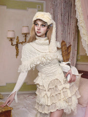 Cream White Cable Knit Thick Shawl with Fringe-Edged