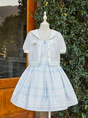 Blue and White Plaid Pattern Summer Dress Sailor Lolitacore Dress