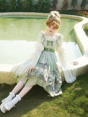 Oil Painting Print Handkerchief Hem Green Empire Waist Lolita Jumper Skirt