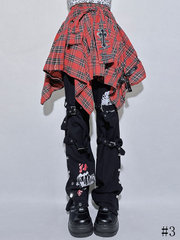 Y2K Black Straight-leg Pants with Buckle Straps , Snap Cuffs and Punk Print