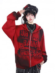 Y2K Red/Black Hoodie Jacket with Letter Print & Tie Dye Design
