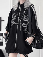 Gothic Cheongsam Style Black Tracksuit Jacketwith White Snake Embroidery&Striped Short Sleeves