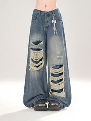 Vintage Kawaii Blue Wide-Leg Jeans with Distressed Detailing