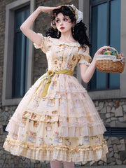 Yellow Bunny and Sunflower Print Puff Sleeves Sweet Lolita Dress with Overlay and Plaid Hem