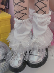 White Y2K Beaded Bowknot Decorated Lace Trim Leg Sleeves