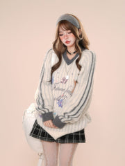 White Stripes V-Neck Plush Sweater with Ocean Print