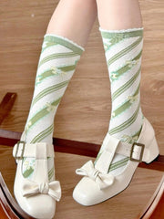 Green Apple Bowknot Print Striped Pattern Lolita Calf Socks