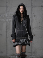 Wasteland Punk Dark Gray Y2K Hoodie Dress with Detachable Sleeves & Layered Plaid Skirt