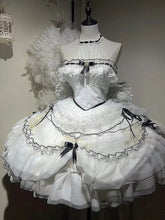 White & Black Ruffled Layers Illusion Neckline Sweet Lolita Dress with Bow Accents Short Version – Curve-Friendly Fit