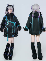 Anime Cyberpunk Matching Set: Blue & Purple Gradient Hooded Jacket, Skort & Leg Warmers for Gaming Fashion