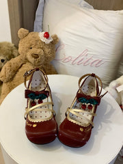 Wine Red Sweet Lolita Low-heel Mary Janes with Scalloped Hem & Bow Accents