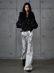 White Punk Wide-Leg Chain Print Pants with Cross Studs & Button-Up Fly