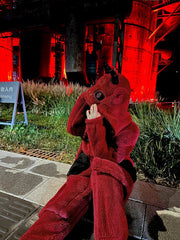 Red Devil Gothic Winter Plush Pajama Set Nightgown with Pants