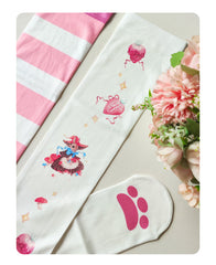 White & Pink Stripes Strawberry and Bunny Print Over Knee Stockings
