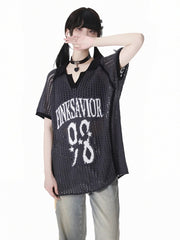 White/Gray V-Neck Blokette Core Hollow-out Summer Sweater