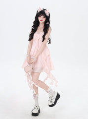 Pink Cascading Ruffle Accents Bow Detail Front Sleeveless Dress