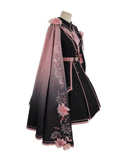 Pink to Black Gradient Flower Print One Shoulder Cape with 3D Flower Accents