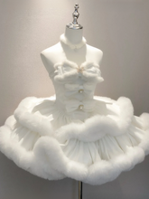 White Snowflake Bows Decorated Bodice Winter Plush Trimming Strapless Dress