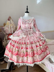 Strawberry Print Pink Bell Sleeves Lolita Dress with Lace Trim and Bow Accents
