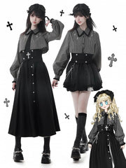Dark Gothic Oversized Shirt | Black & Gray Stripe Faux Two-Piece with Cross Details & Lace Collar and Cuffs