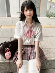 White Preppy Style Floral Embroidery Pleating Details JK Uniform Short Sleeves Shirt